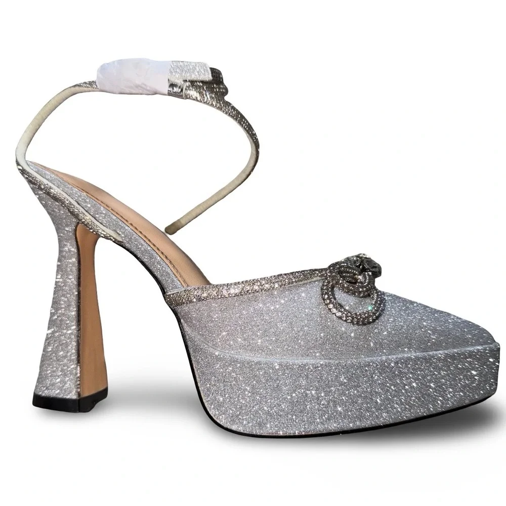 Silver Glitter Double Bow Platform Pumps Ankle Strap Heels 5.5 Wedding